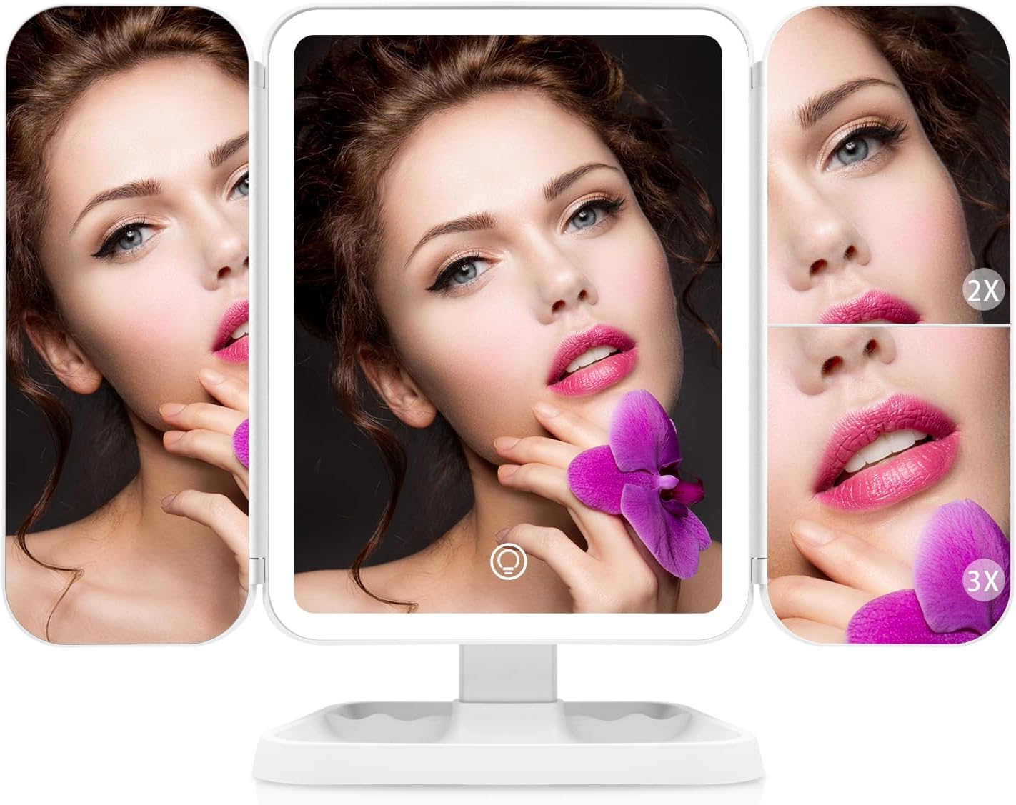 Espejo Maquillaje con Luz, 52 Leds Espejo 1X/2X/3X Aumento, 2000mAh Espejo Tríptico Recargable, con Pantalla Táctil Ajustable USB, 3 Colores de Luz, 180° Giratorio, Blanco