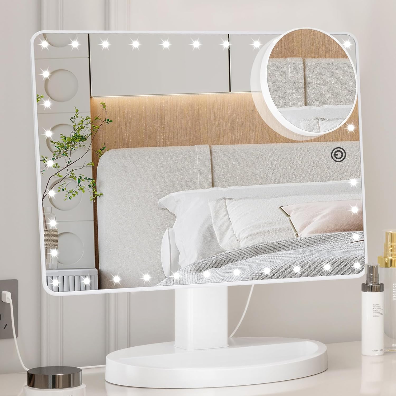 Espejo Maquillaje Grande, Espejo Aumento de 1X/10X, Luz Ajustable con 35 LED, Pantalla Táctil Espejo Cosmético, Fuente de Alimentación Doble, Portátil Espejo Tocador de 360°Rotación (Blanco)