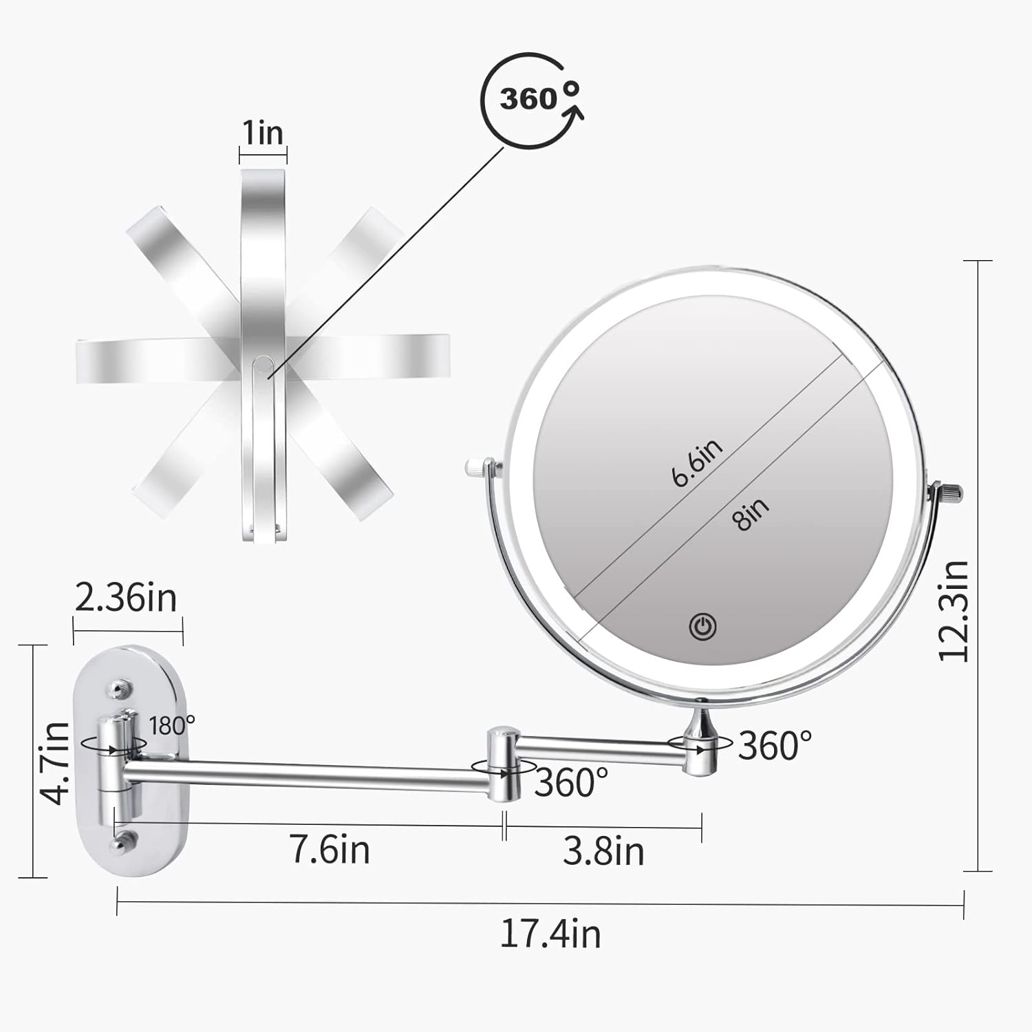 FUNTOUCH Recargable Espejo Maquillaje con Luz Aumento 1X / 10X, 8 Pulgad Baño de Pared con Regulable 3 Color Luces, Doble Cara con 360 Rotación, Hotel (Plata)