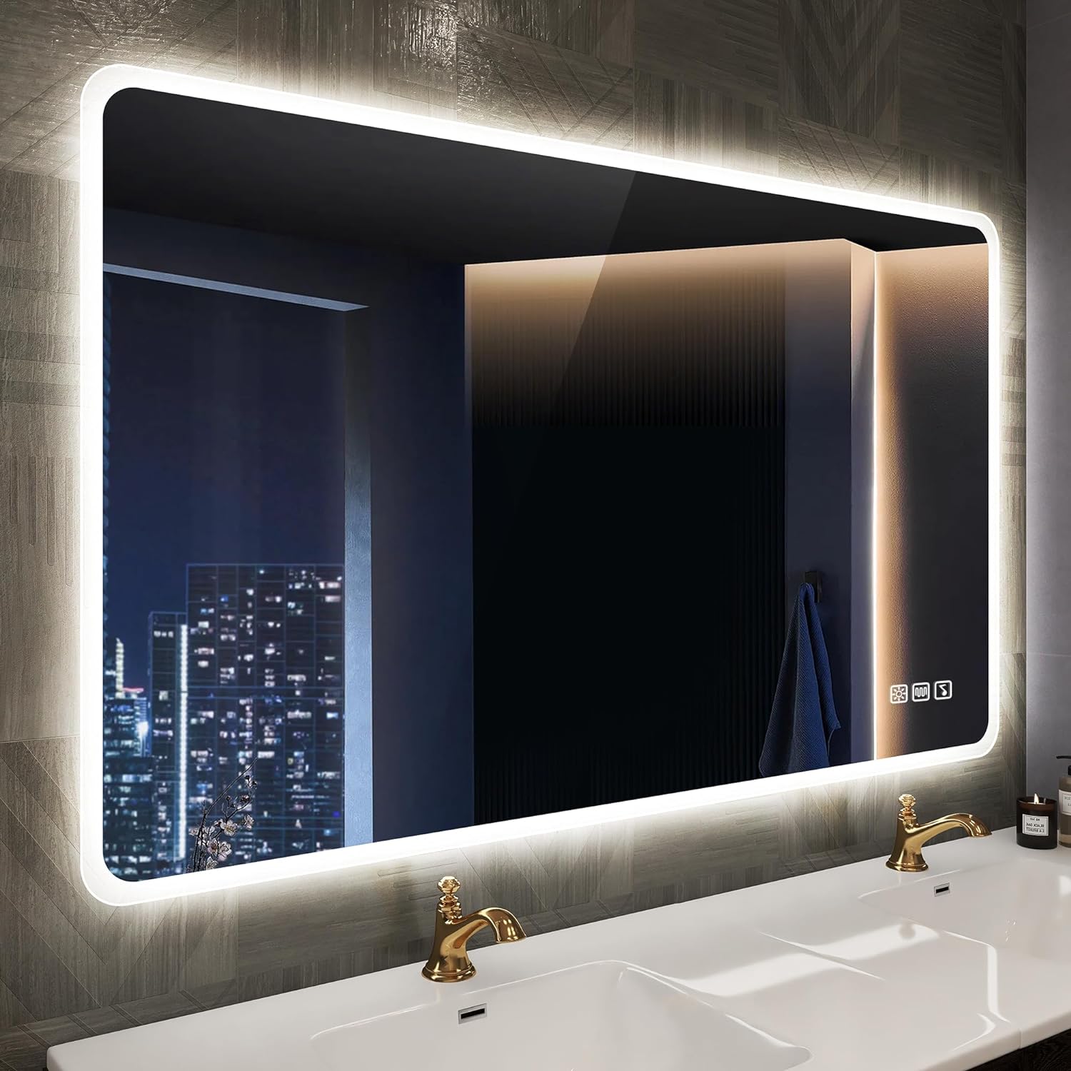 Espejo-Baño-con-Luz 100x70cm con Bluetooth y Antivaho, Espejo-Baño-LED con Regulable y 3 Colores Luz, Función Memoria, IP44 Espejos-de-Baño-con-LED, Vidrio Templado, Horizontal/Vertical